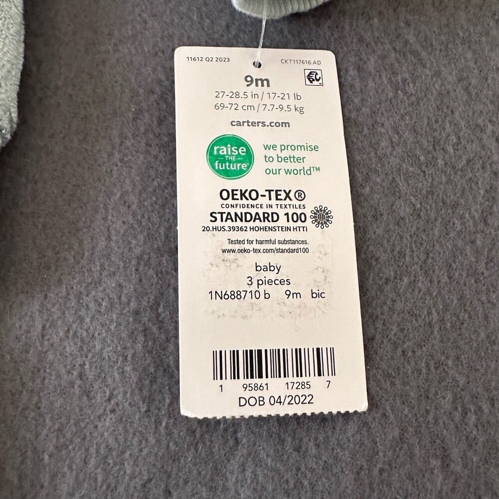 NWT Carters Pastel Green 3Piece Set Hooded Jacket Bear Face Bodysuit Pants Sz 9M - Picture 3 of 11